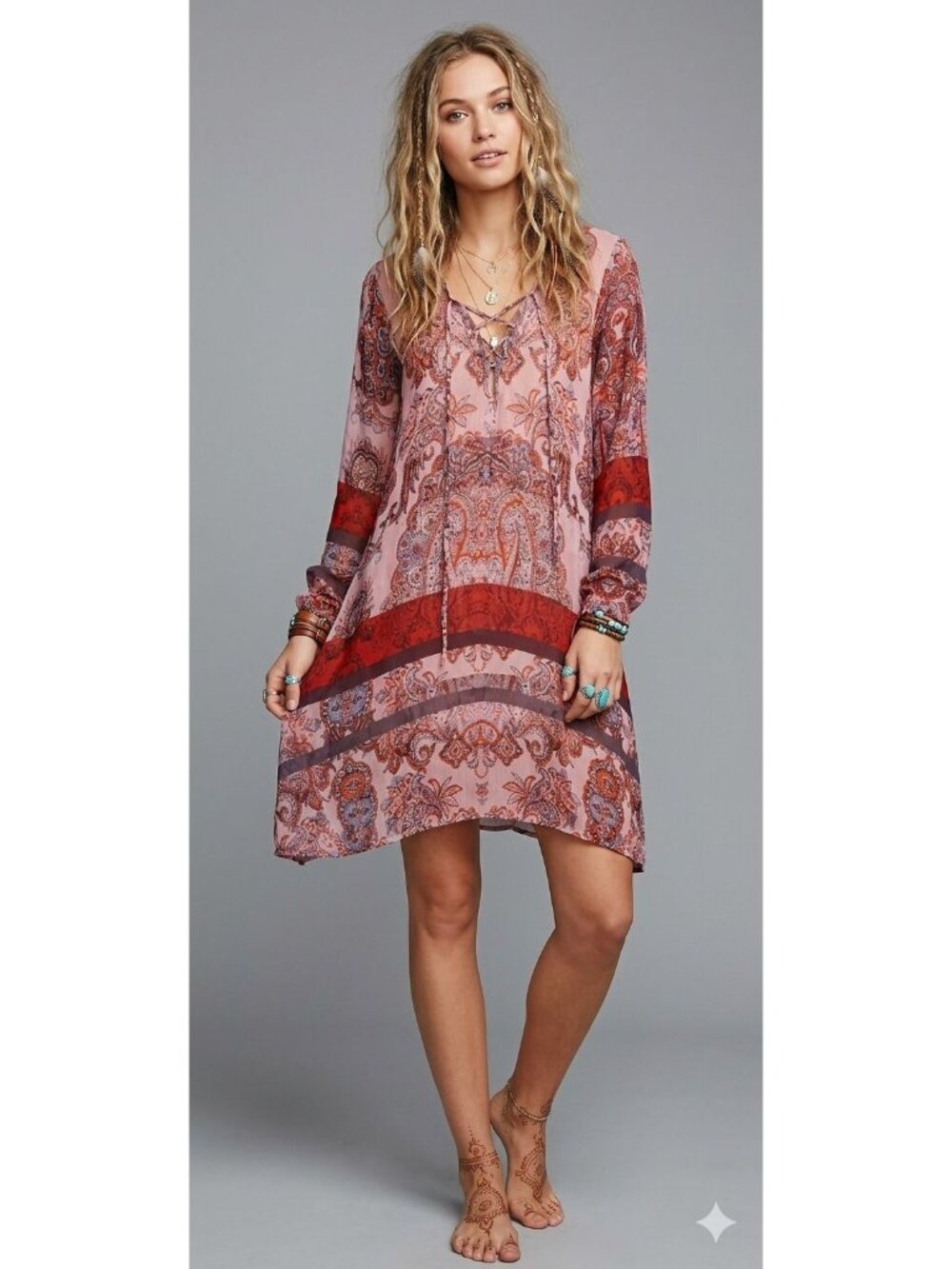 Charlie Jade Silk Womens Paisley Print Boho Tunic Dress M Pink & Red - Picture 6 of 10